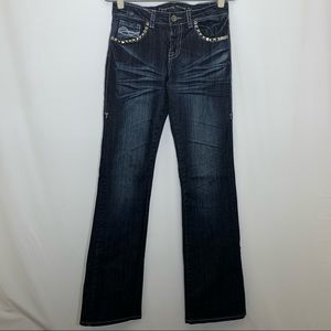 Cowgirl Tuff Sweet Stretch Mid Rise Boot Cut Dark Wash 27x35 Barbed Wire Studded